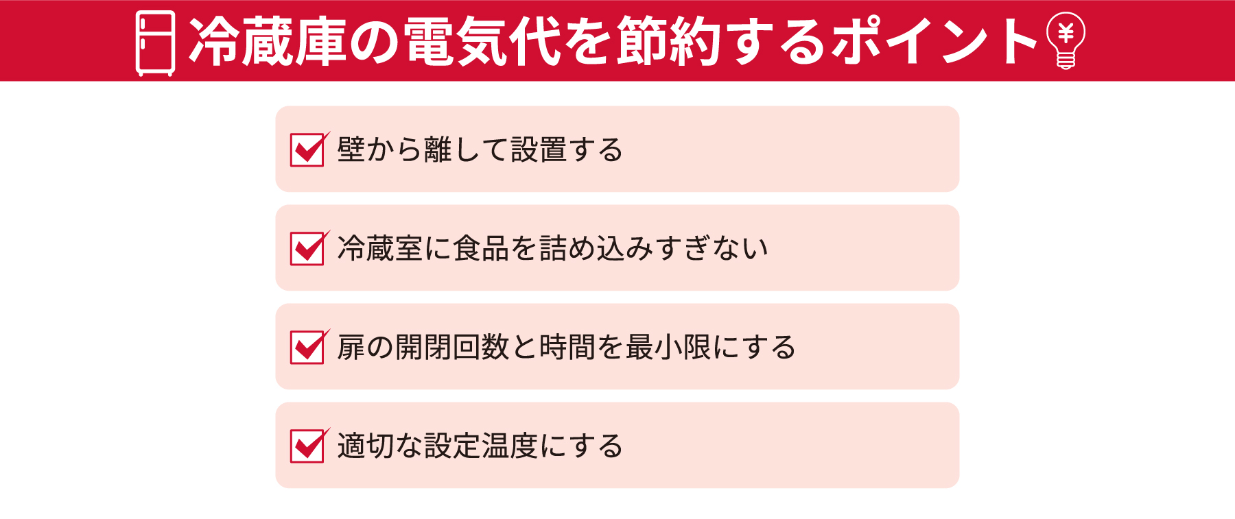 冷蔵庫の電気代を節約するポイント・壁から離して設置する・冷蔵室に食品を詰め込みすぎない・扉の開閉回数と時間を最小限にする・適切な設定温度にする