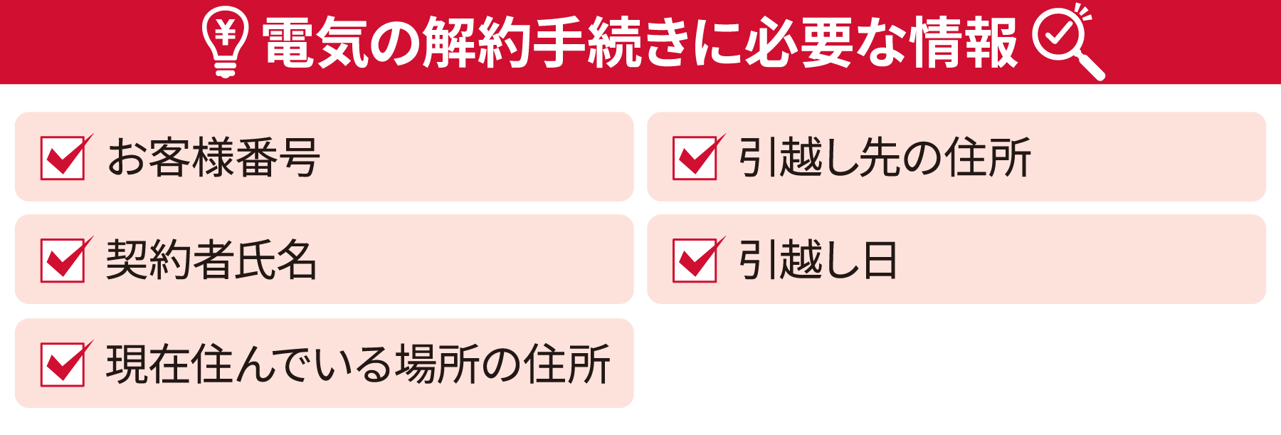 電気の解約手続きに必要な情報・お客様番号・契約者氏名・現在住んでいる場所の住所・引越し先の住所・引越し日