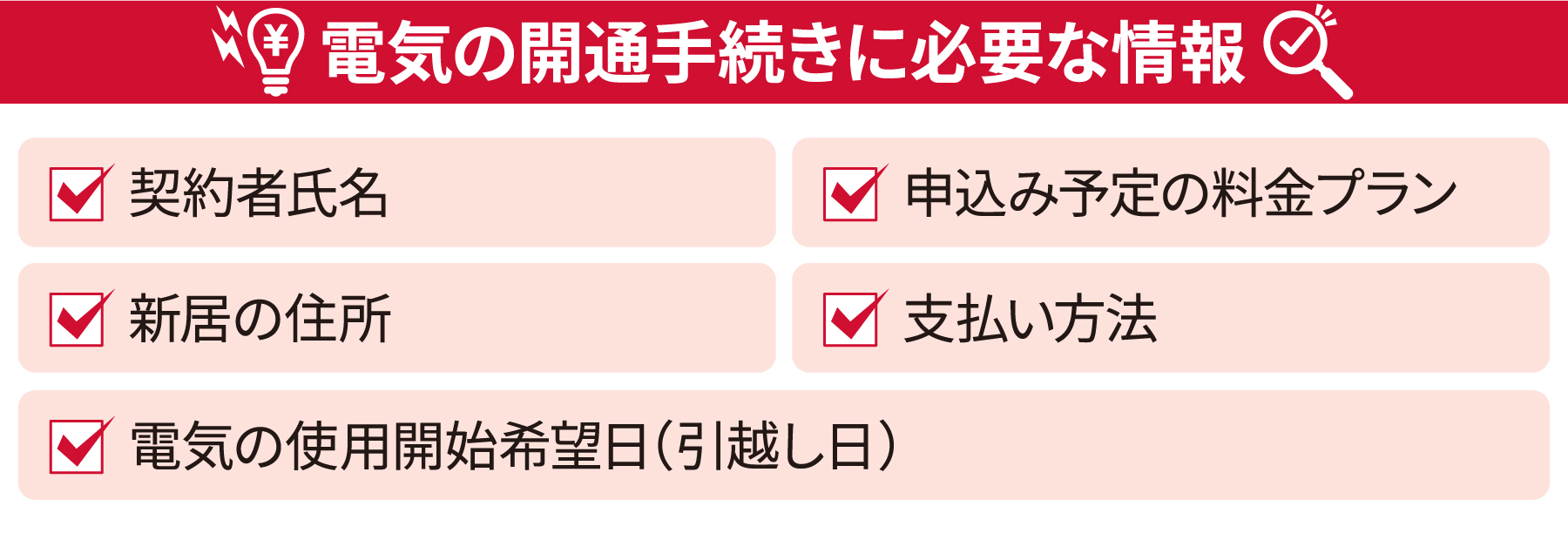 電気の開通手続きに必要な情報・契約者氏名・新居の住所・電気の使用開始希望日(引越し日)・申し込み予定の料金プラン・支払い方法