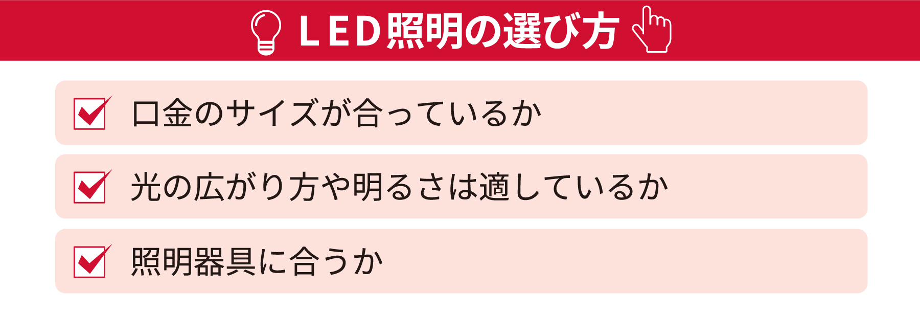 LED照明の選び方・口金のサイズが合っているか・光の広がり方や明るさは適しているか・照明器具に合うか