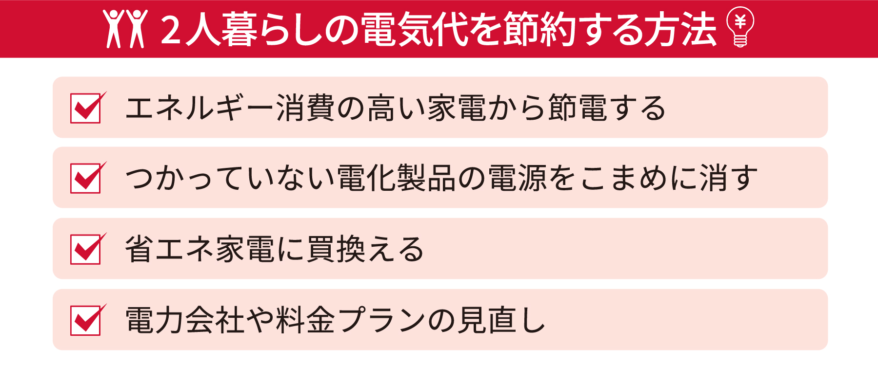 2人暮しの電気代を節約する方法・エネルギー消費の高い家電から節電する・つかっていない電化製品の電源をこまめに消す・省エネ家電に買換える・電力会社や料金プランの見直し