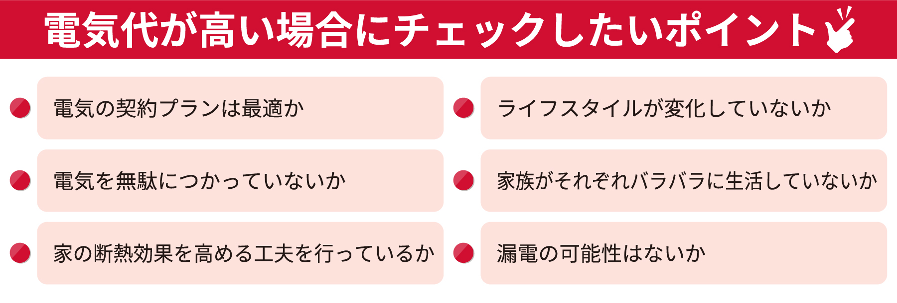 電気代が高い場合にチェックしたいポイント・電気の契約プランは最適か・電気を無駄につかっていないか・家の断熱効果を高める工夫を行っているか・ライフスタイルが変化していないか・家族がそれぞれバラバラに生活していないか・漏電の可能性はないか