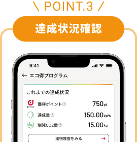 POINT.3 達成状況確認 獲得ポイントや削減CO2量などが一目でわかるようになりました。