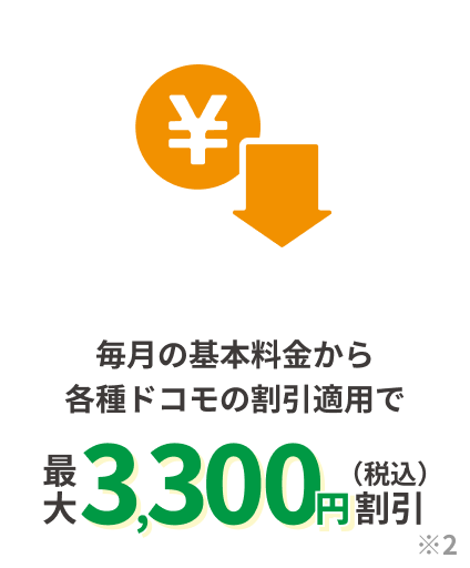 毎月の基本料金から各種ドコモの割引適用で最大3,300円（税込）割引※2