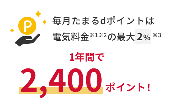 毎月たまるdポイントは電気料金※1※2の最大2%※3 1年間で2,400ポイント！