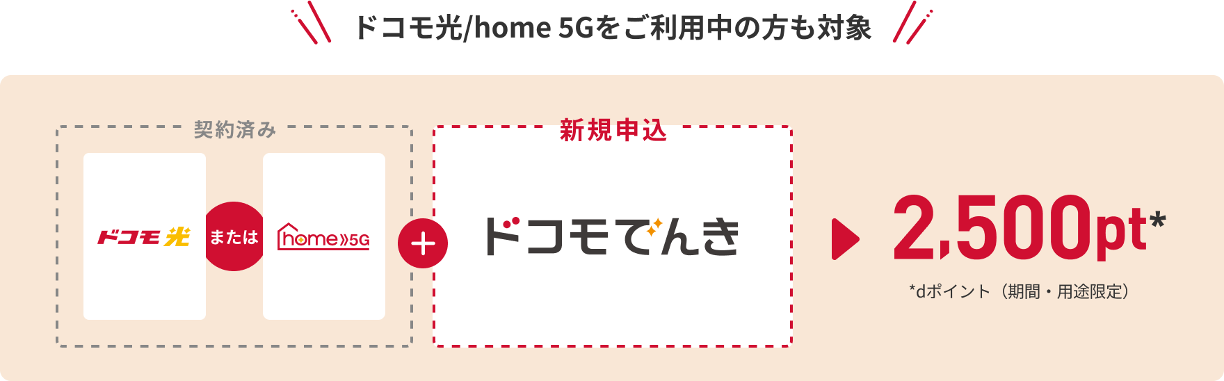 ドコモ光/home 5Gをご利用中で新規申込をした方も期間・用途限定のdポイント2,500ポイントプレゼントの対象！