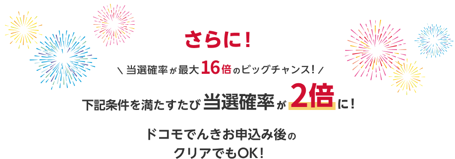 さらに!当選確率が最大16倍のビッグチャンス!下記条件を満たす旅当選確率が2倍に!ドコモでんきお申込み後のクリアでもOK!