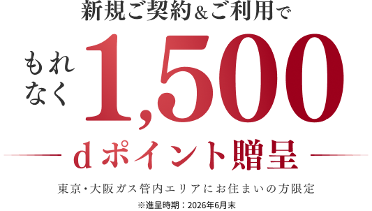 新規ご契約&ご利用でもれなく1,500dポイント贈呈 東京・大阪ガス管内エリアにお住まいの方限定 ※進呈時期:2026年6月末