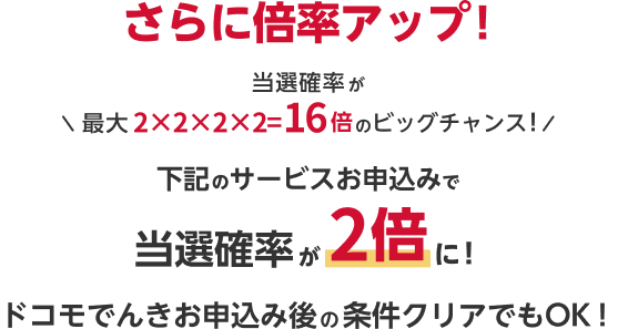 さらに倍率アップ! 当選確率が最大2×2×2×2=16倍のビッグチャンス! 下記のサービスお申込みで当選確率が2倍に! ドコモでんきお申込み後の条件クリアでもOK!